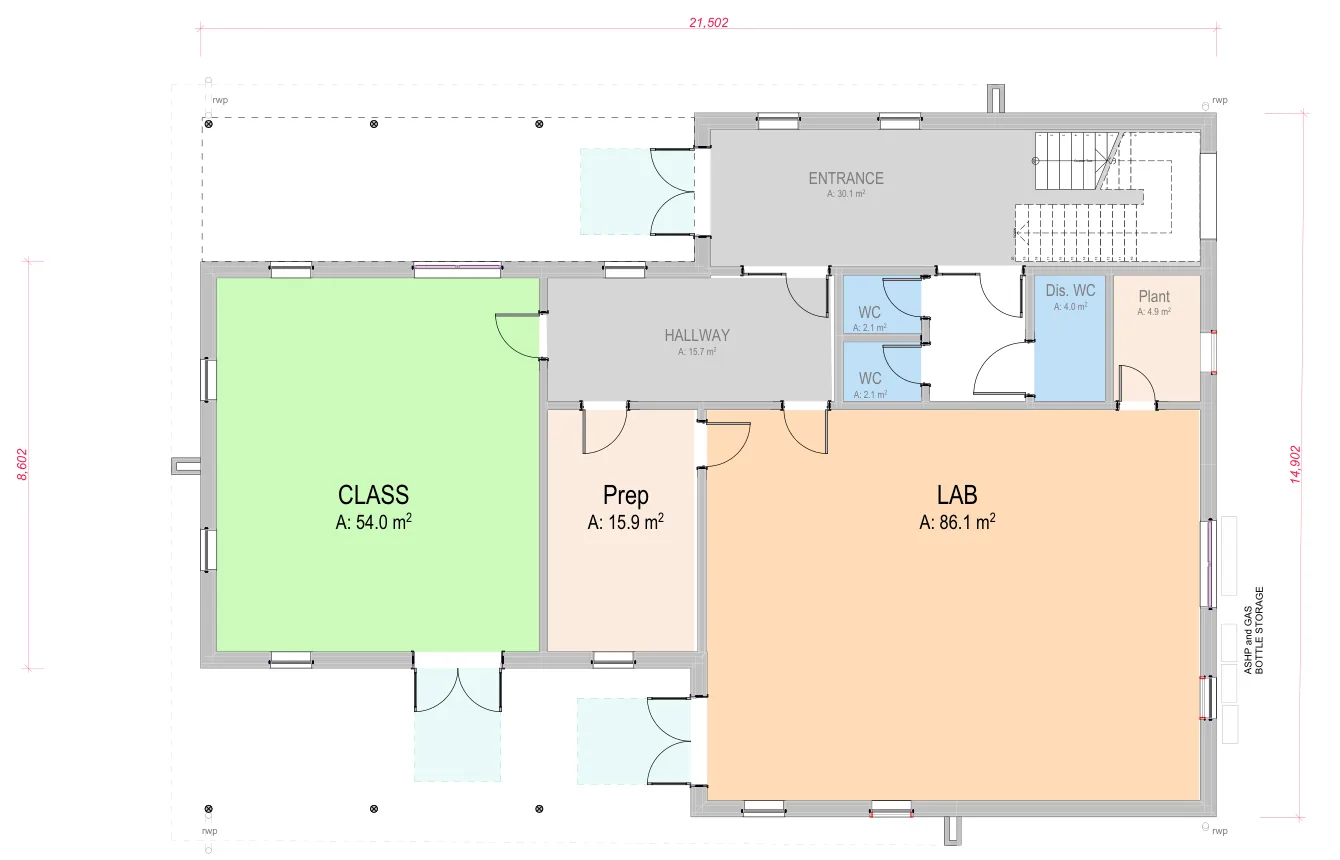 Ground floor plan at 1:100 showing classroom, prep room, laboratory, hallway, entrance and plant room with measured areas
