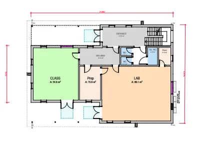 Take-off viewer showing classroom, prep and laboratory floor zones measured on the ground floor plan, each group summing live