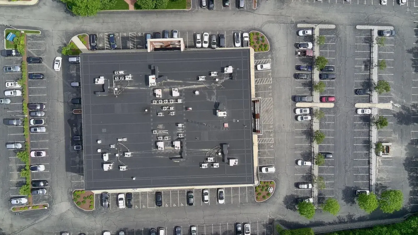Aerial orthographic view of a commercial roof and rooftop plant captured by Alturascope during a site survey