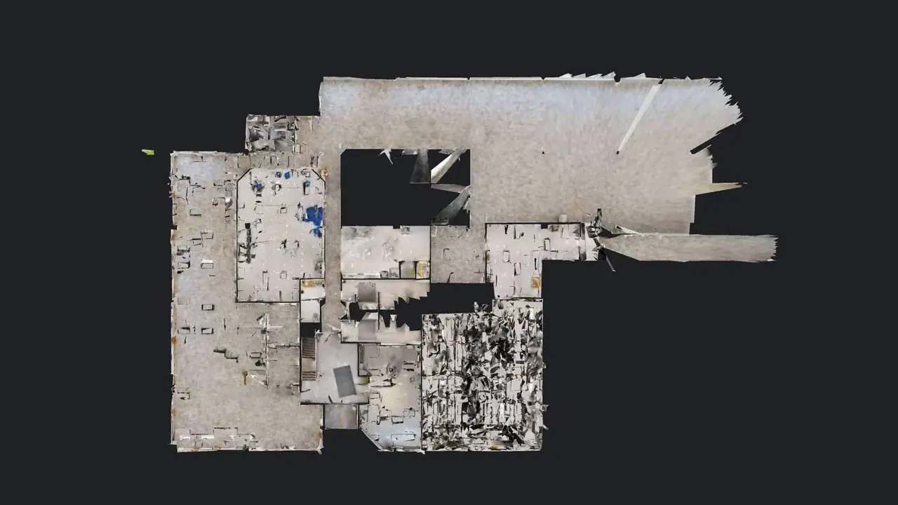 Measured mesh of a surveyed office floor plate, showing every wall, column and riser in its true position