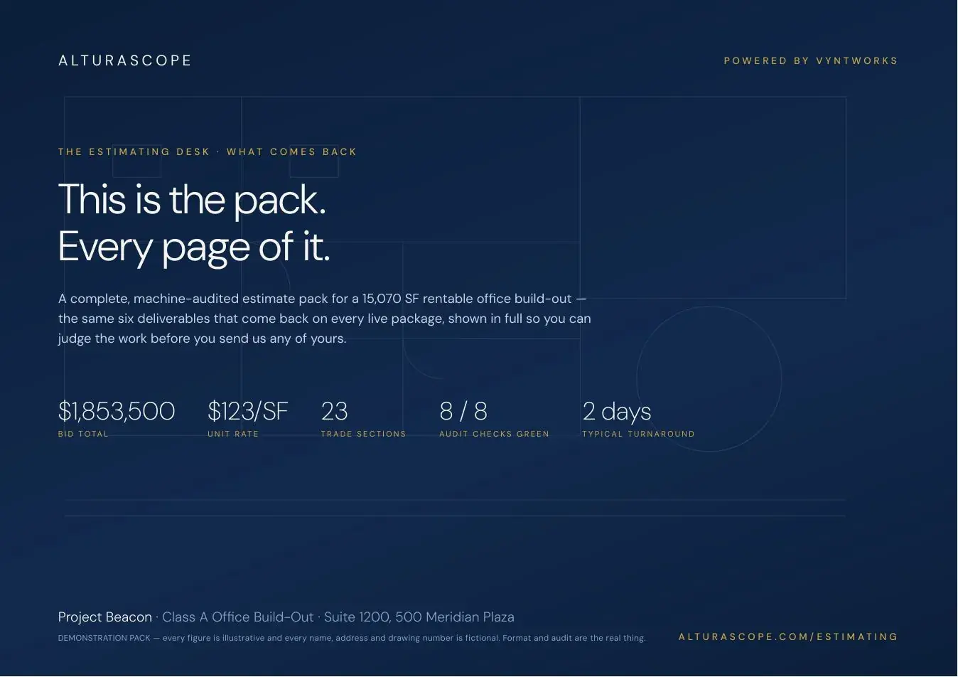 Page 1 of the Alturascope demonstration estimate pack - Cover - the headline figures, the unit rate and the audit state, before you open anything.