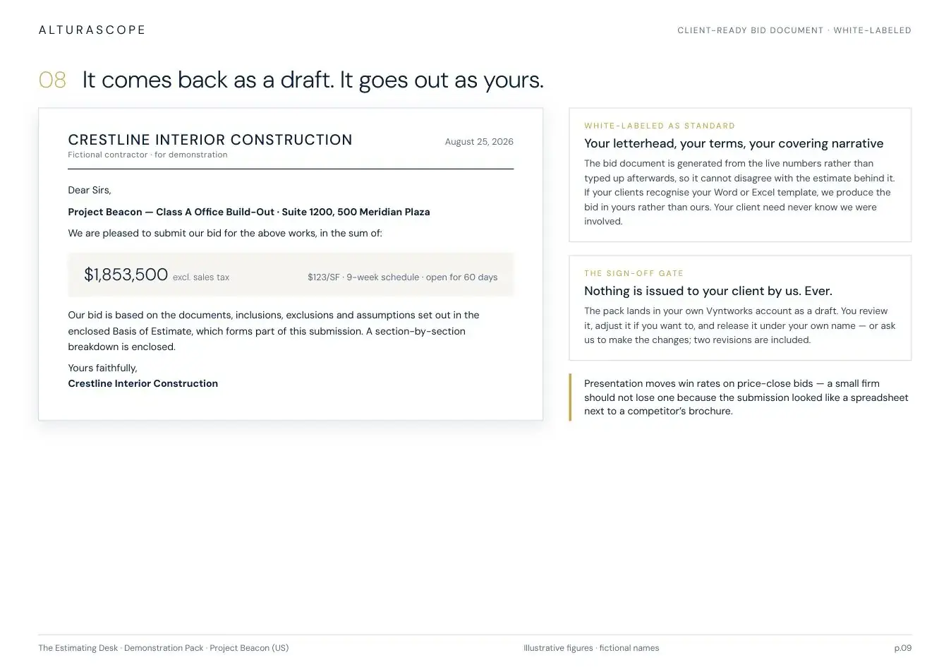 Page 9 of the Alturascope demonstration estimate pack - The client-ready bid document, white-labeled to the contractor's own letterhead.