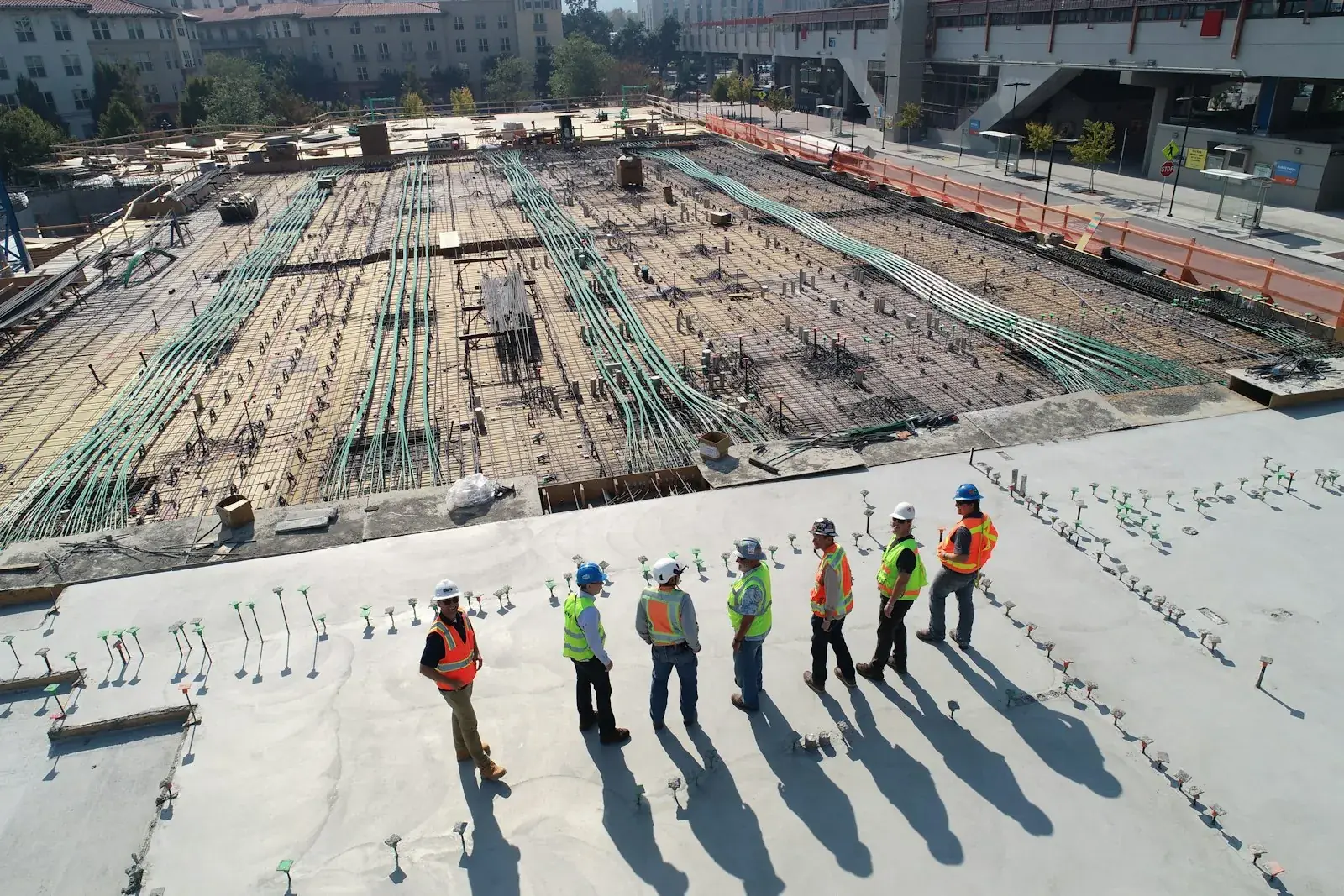 Commercial construction site with scaffolding and exposed structural elements