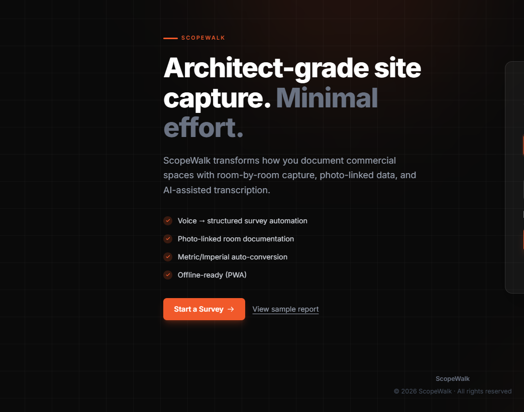 ScopeWalk platform showing structured project portal with site documentation, labeled photos, and report navigation
